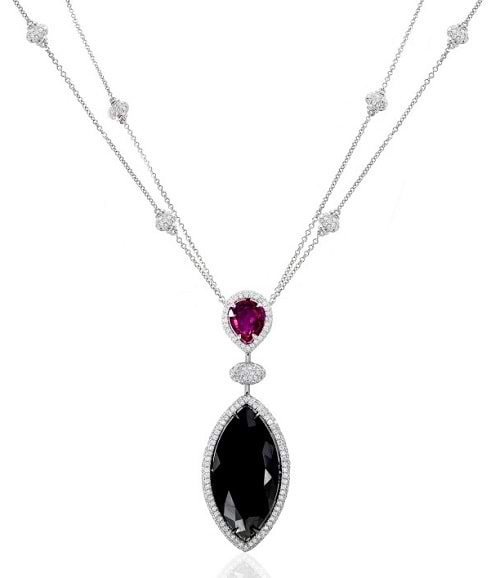 22Ct TW Marquise Black Diamond and Ruby Drop Necklace (20.98Ct TW)
